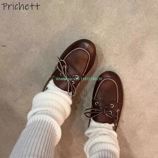 Niche Lace Up Butterfly Knot Pumps Shallow Round Toe Solid Brown Sewing Flat with Shoes Ladies Fashion Leisure Leather Shoes