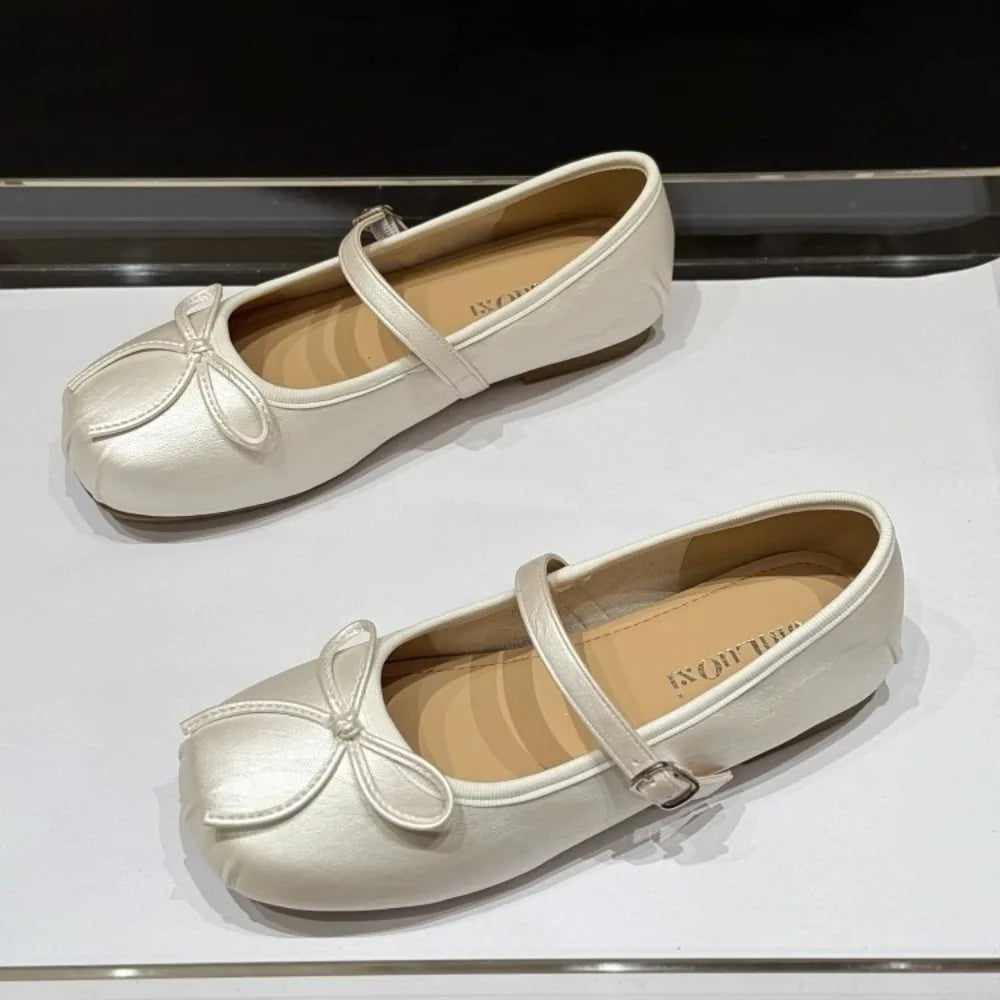 Low-heeled Pumps Women's Leather Flat Bottom with Mary Jane Small Leather Shoes Women's 2025 Summer New Bow Single Shoes Women