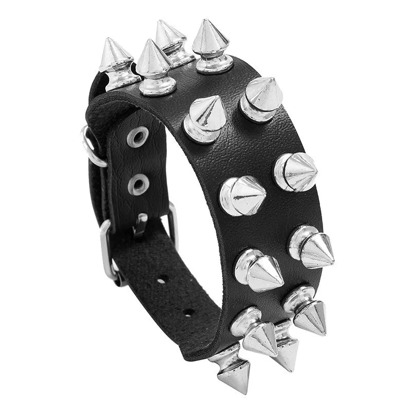 2024 Pu Leather Studded Bracelet Choker Punk Spike Rivets Cuff Black Wristband Adjustable Cuff Bangle
