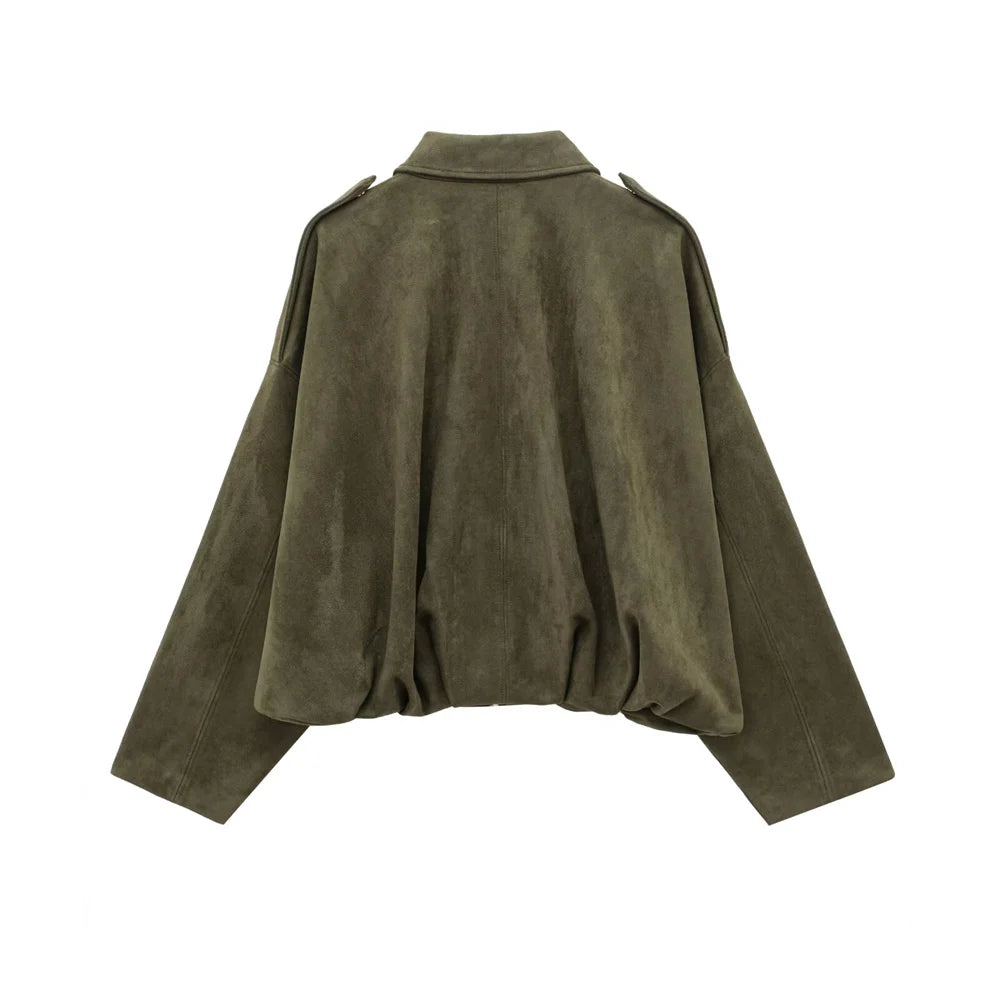 PB&ZA 2025 Women Faux Suede Collared Jacket with Shoulder Straps Loose Fit Stylish Olive Green for Sale on AliExpress