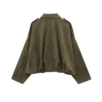 PB&ZA 2025 Women Faux Suede Collared Jacket with Shoulder Straps Loose Fit Stylish Olive Green for Sale on AliExpress