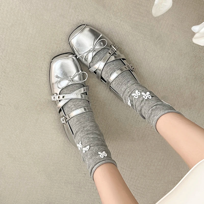 New Butterfly-knot Women Mary Jane Shoes Elegant Square Toe Dress Ladies Casual Internal Elevation Ballet Shoes