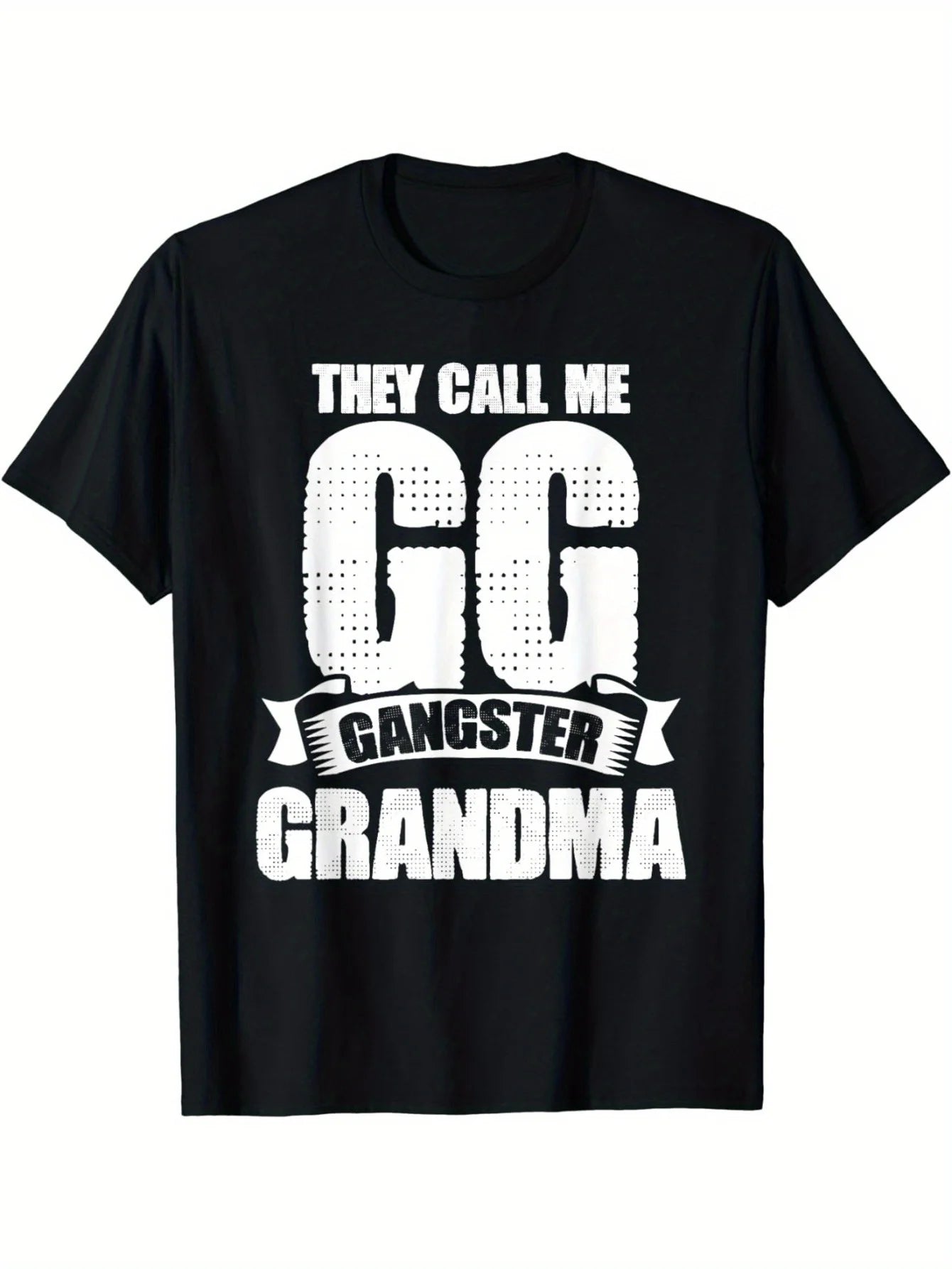 1pc Black Cotton "They Call Me GG Gangster Grandma" Graphic T-Shirt with Combed Design, Short Sleeve, Round Neck