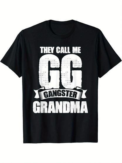 1pc Black Cotton "They Call Me GG Gangster Grandma" Graphic T-Shirt with Combed Design, Short Sleeve, Round Neck