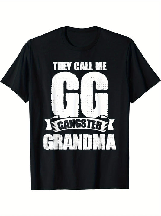 1pc Black Cotton "They Call Me GG Gangster Grandma" Graphic T-Shirt with Combed Design, Short Sleeve, Round Neck