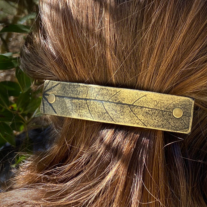 Rustic Gold Oak Leaf Imprint Hair Clip / Leather Barrette-2