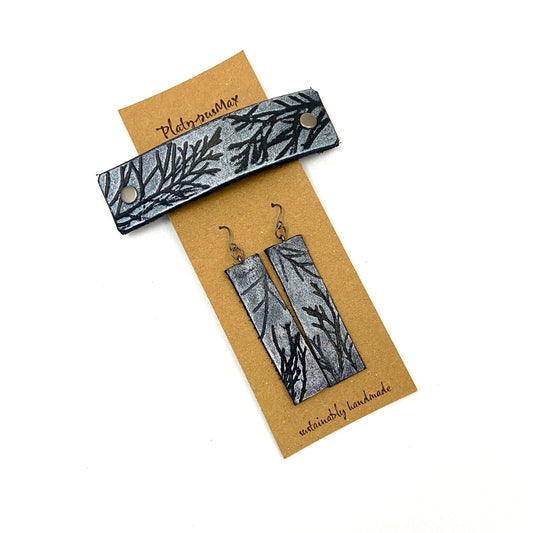 Silver & Black Juniper Branches Barrette and Earring Gift Set-0