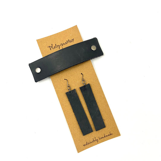 Basic Black Upcycled Leather Barrette and Earring Gift Set-0