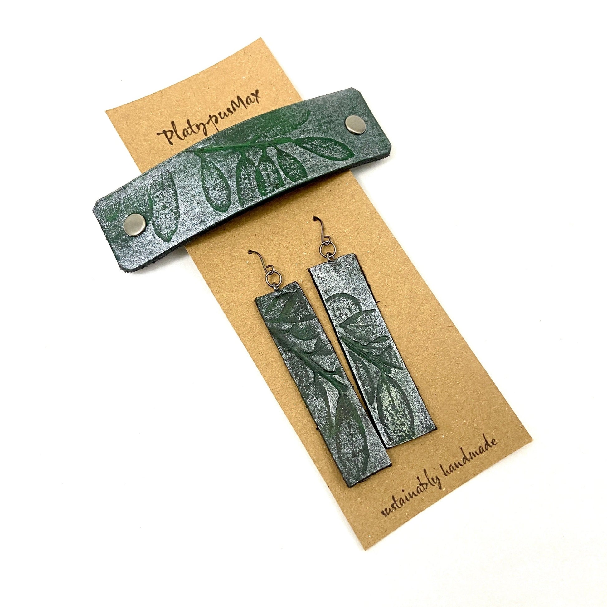 Green & Silver Embossed Leaves Barrette and Earring Gift Set-0