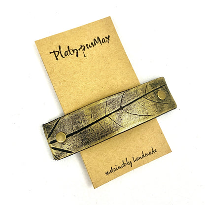 Rustic Gold Oak Leaf Imprint Hair Clip / Leather Barrette-0